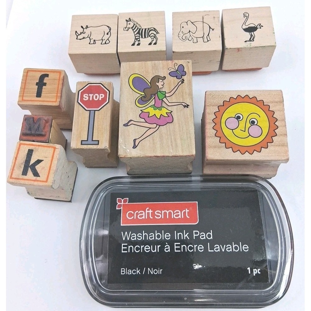 Rubber Stamps Lot of 10 Assorted Brands Fairy Sun Animals Letters With Ink Pad